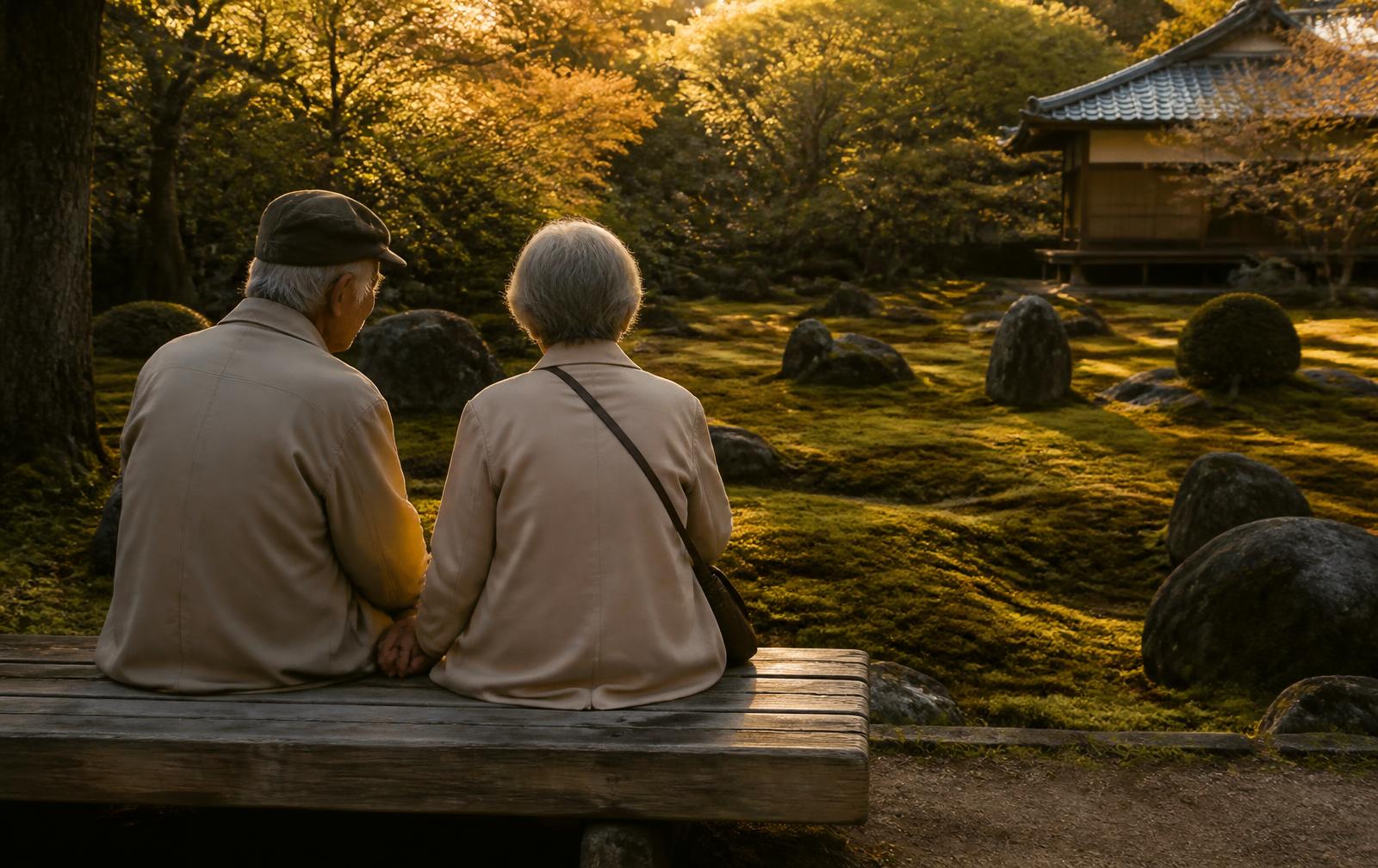 The couple sitting together on a wooden bench overlooking a Kyoto garden at dusk